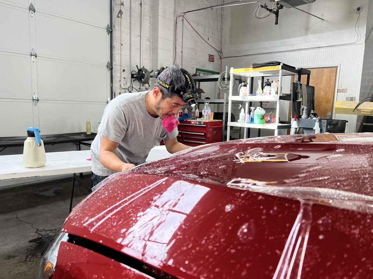 Worker installing color paint protection film (PPF) on a vehicle in Eugene, OR, provided by Blue Rose Auto