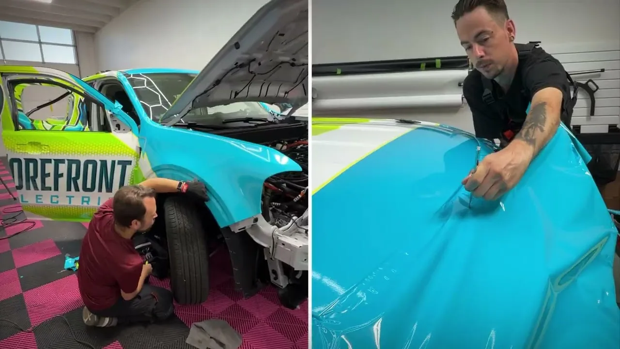 Blue Rose Auto technicians wrapping a commercial van in Springfield, Oregon