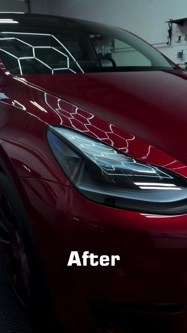 Polishing the paint on a Tesla Model Y at Blue Rose Auto in Springfield, Oregon