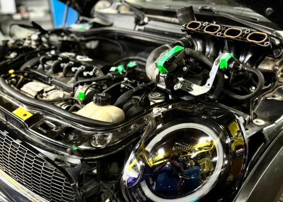 Engine with the intake manifold removed at Blue Rose Auto in Springfield, Oregon