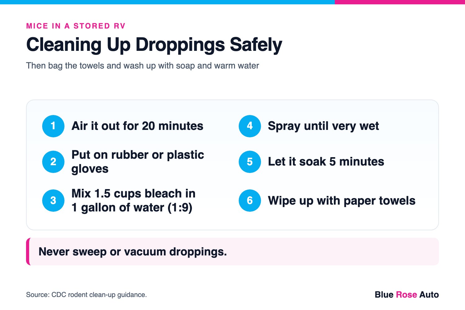 Six CDC steps for cleaning mouse droppings in a stored RV: air out 20 minutes, gloves, 1:9 bleach, soak 5 minutes, wipe